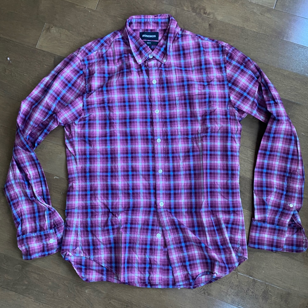 Bonobos Men's Red Blue Plaid Oxford Shirt